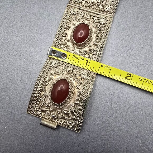 Antique 900 Silver Cannetille Carnelian Cabochon Hinged Panel Bracelet 7" - Picture 12 of 16